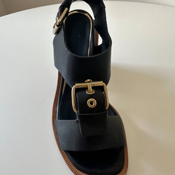 Black Leather Block Heel Sandal with Brass Buckles - Picture 3 of 3